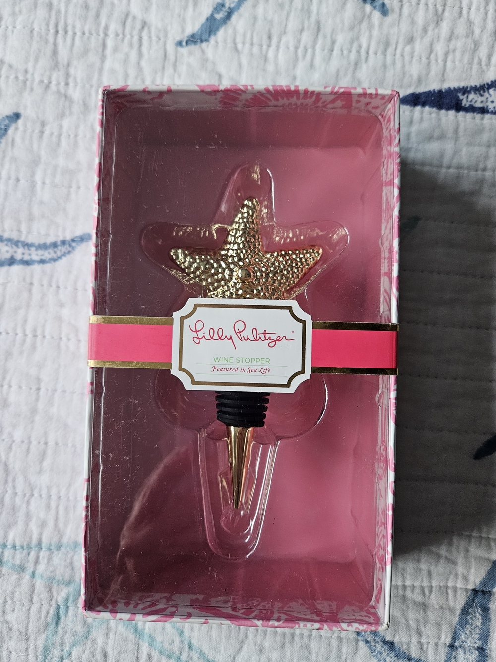 Lilly Pulitzer Gold Starfish Wine Stopper with Pink Accent Box